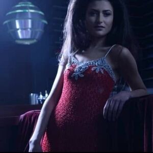 LADY IN RED-Red and silver crochet cocktail dress